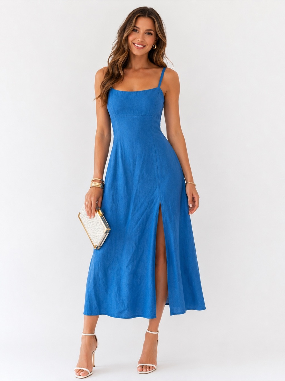 Zara Royal Blue Square-Neck Midi Dress with Side Slit